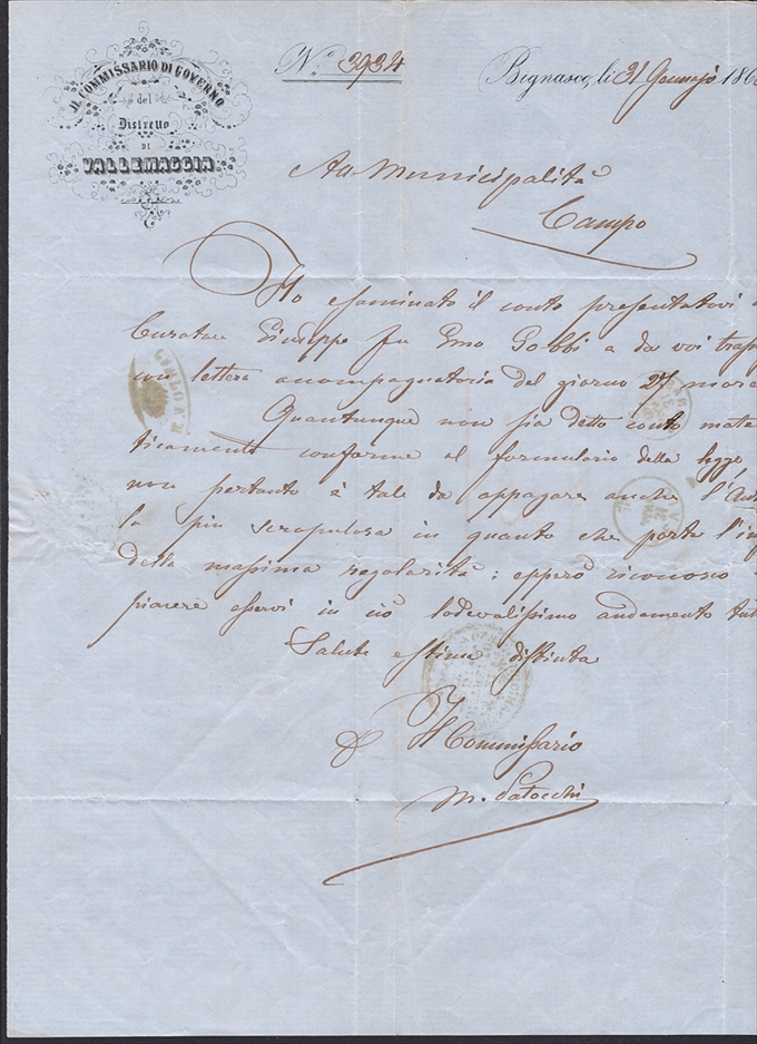 Schweiz, Abstempelungen, Postgeschichte, Faltbrief, CEVIO/BIGNASCO, Fingerhut Gr.104, rückseitig Strahlenstempel CAMPO V.M – Bild 3