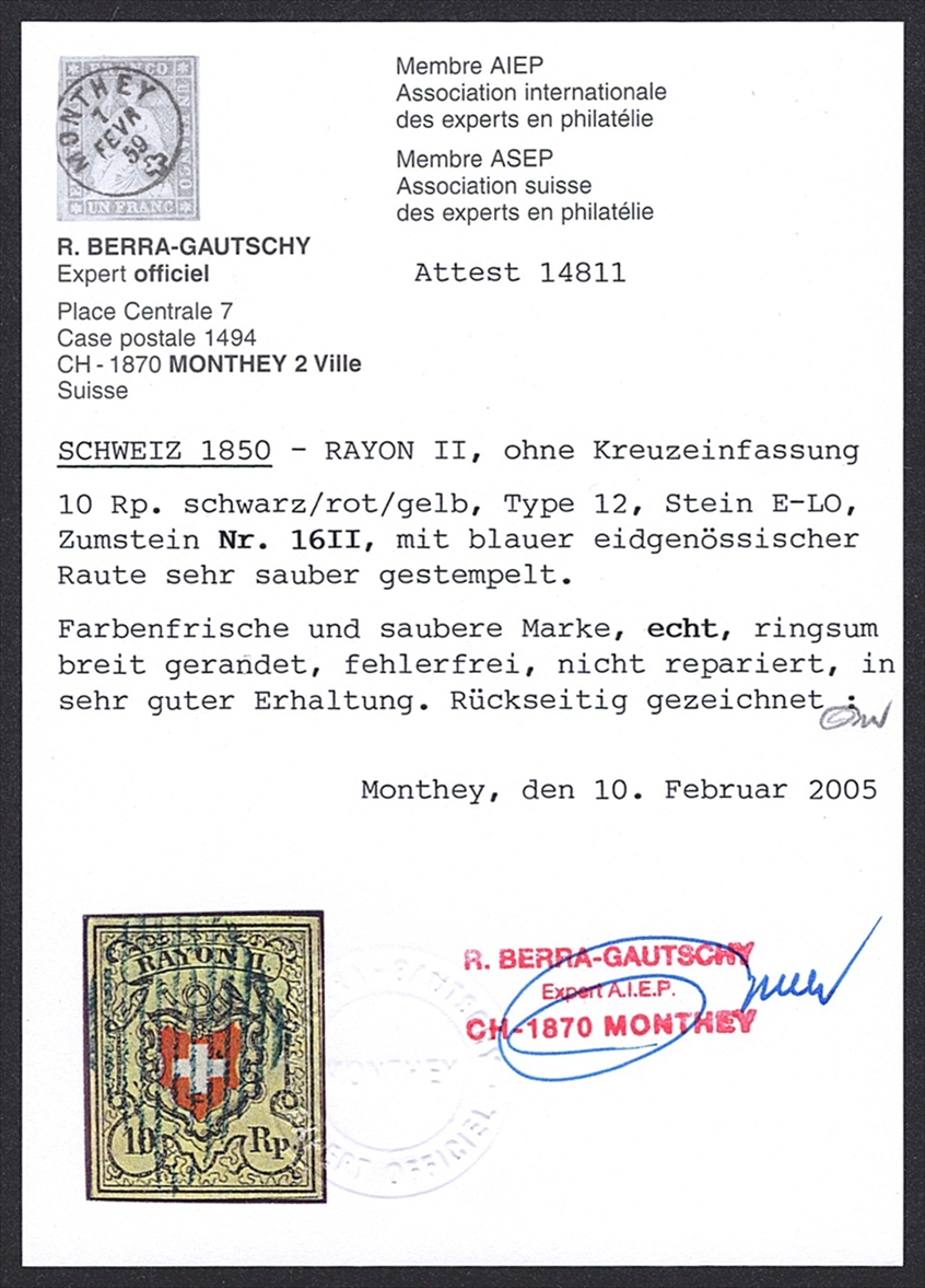 Schweiz, Altschweiz, Rayon, Nr.16 II, Typ 12/E-LO, vollrandig mit blauer Raute, Attest Berra – Bild 2