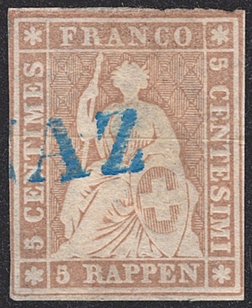 Schweiz, Altschweiz, Sitzende Helvetia ungezähnt, Strubel, Nr.22F, 5Rp.graubraun, vollrandig, blauer Stabstempel (DAVOS PL)AZ