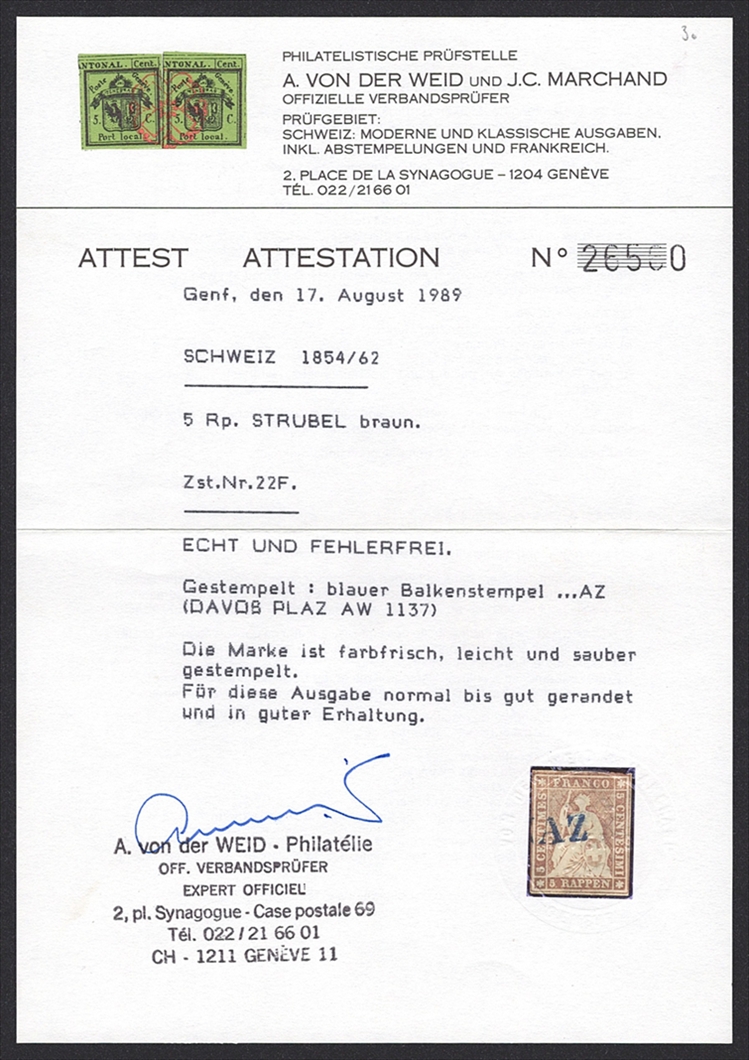 Schweiz, Altschweiz, Sitzende Helvetia ungezähnt, Strubel, Nr.22F, 5Rp.graubraun, vollrandig, blauer Stabstempel (DAVOS PL)AZ – Bild 2