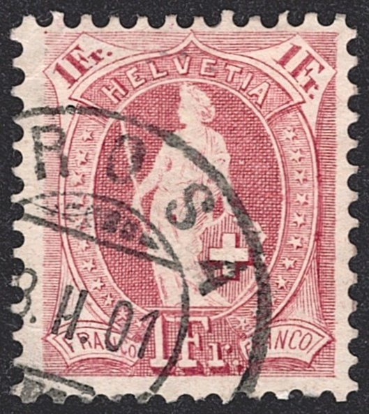 Schweiz, Altschweiz, Stehende Helvetia, Nr.71E, 1Fr.lila, Eckstempel AROSA