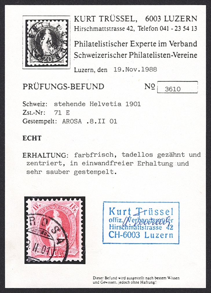 Schweiz, Altschweiz, Stehende Helvetia, Nr.71E, 1Fr.lila, Eckstempel AROSA – Bild 2