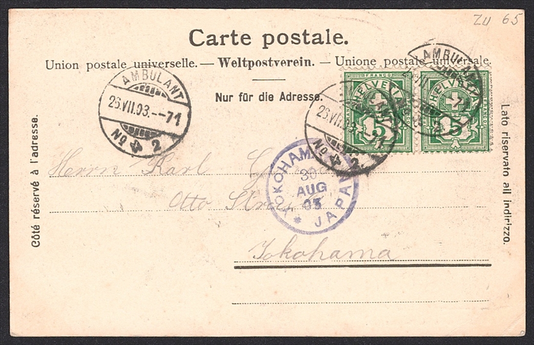 Schweiz, Altschweiz, Wertziffer, Nr.65B, 5Rp.grün, AMBULANT, auf Ansichtskarte nach YOKOHAMA