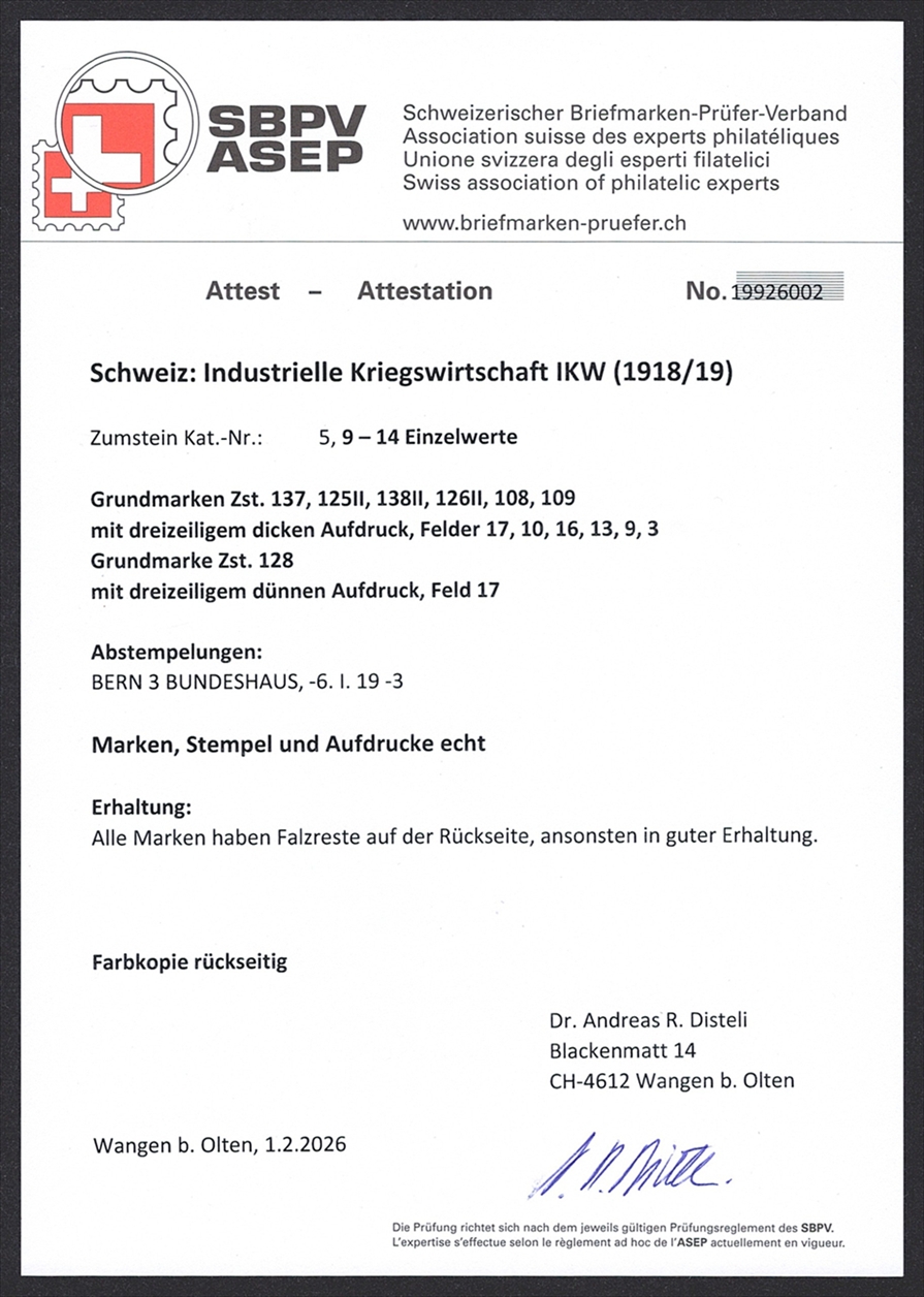 Schweiz, Ämter, IKW, Nr.5/9-14, dünner, resp. dicker Aufdruck, 7 Werte, fast Vollstempel BERN, SBPV Attest Disteli 2026 – Bild 2