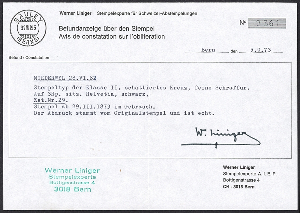 Schweiz, Sitzende Helvetia, Nr.29, 3Rp.schwarz, NIEDERWYL – Bild 2
