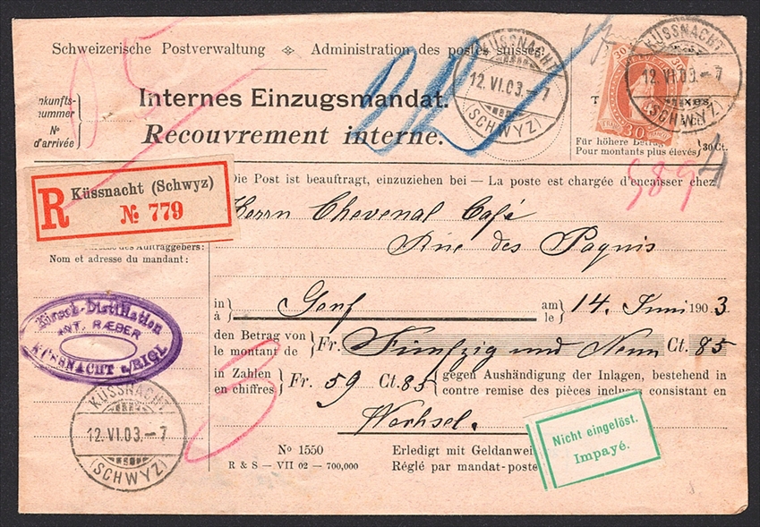 Schweiz, Stehende Helvetia, Nr.68E, auf Einzugsmandat, gestempelt KÜSSNACHT