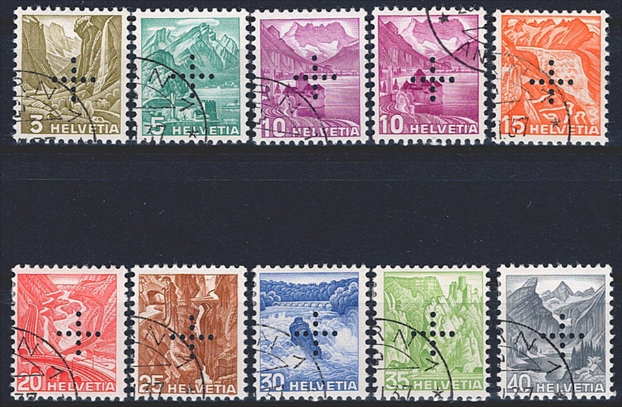 Schweiz, Dienstmarken, Verwaltungsmarken, Nr.19z-27z, komplette Serie, 10 Werte, geriffeltes Papier, Eckstempel