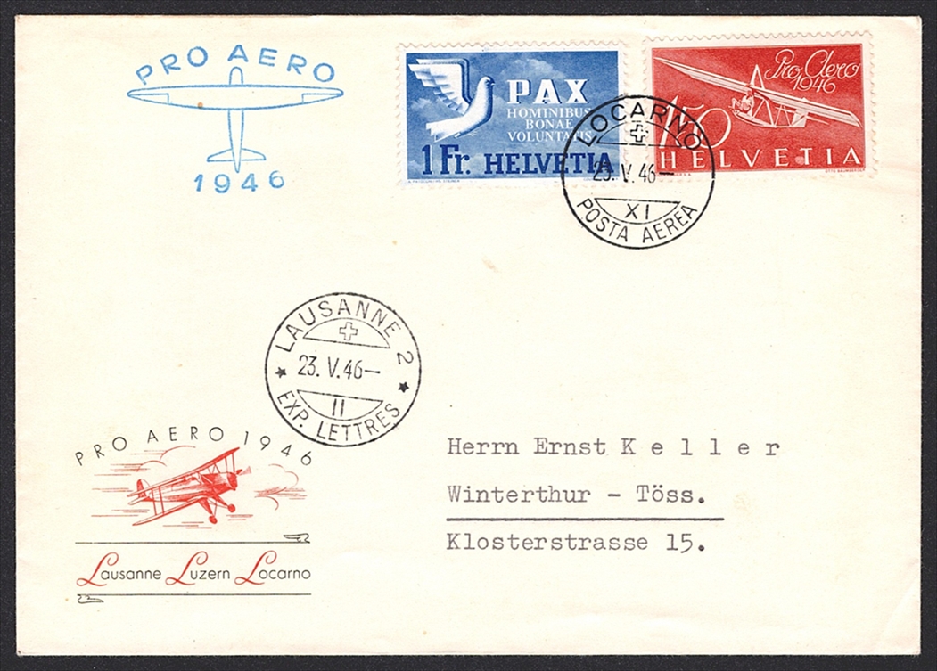 Schweiz, Flugpost, Sonderflüge, Pro Aero, Locarno-Lausanne, SF46.12f, mit 1Fr. PAX-Marke als Zusatzfrankatur