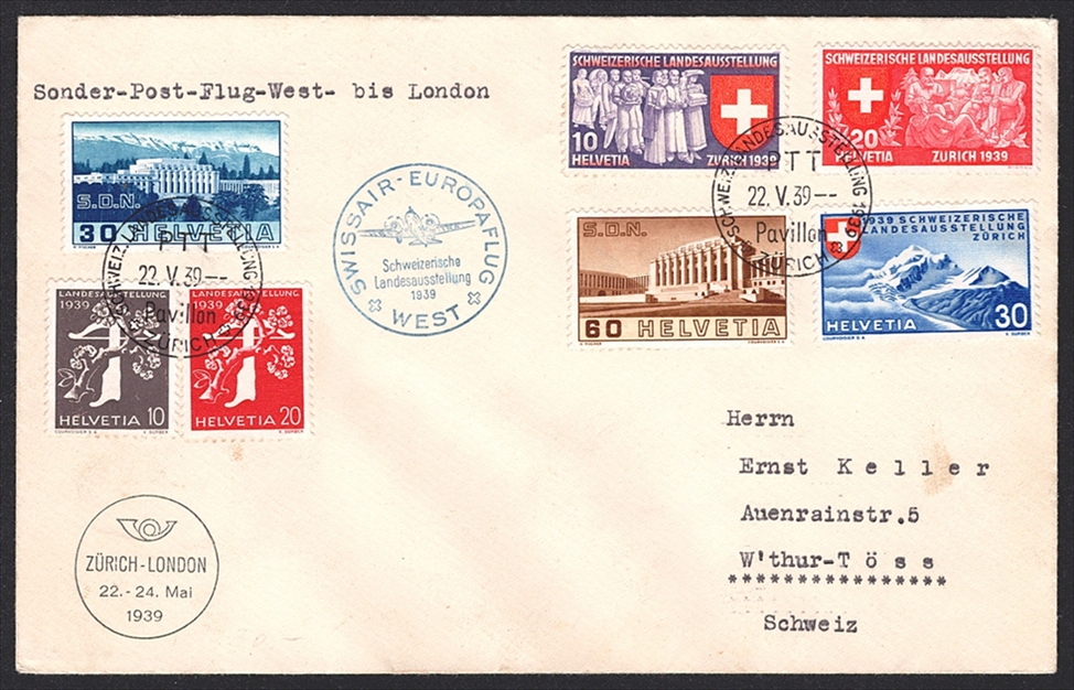 Schweiz, Flugpost, Sonderflüge, Swissair Europaflug West, SF 39.5d, Zürich-London, gute Frankatur