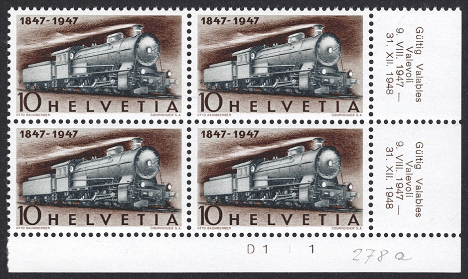 Schweiz, Freimarken, 100 Jahre Bahn, Nr.278b, 10Rp.blauschwarz, im Viererblock