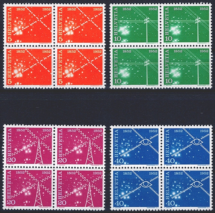 Schweiz, Freimarken, 100 Jahre elektrisches Nachrichtenwesen, komplette Serie, Nr.309-312, im Viererblock