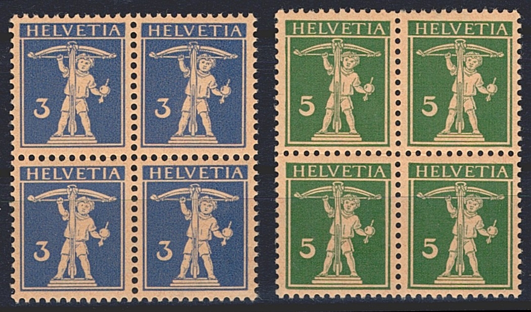 Schweiz, Freimarken, Tellknabe, Nr.182z-183z, geriffeltes Papier, im Viererblock