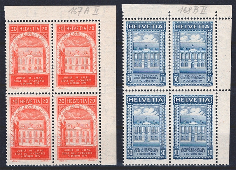 Schweiz, Freimarken, UPU, Nr.167AII/168BII, im Viererblock