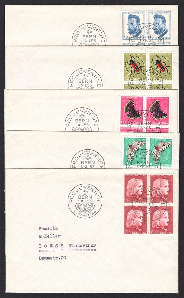 Schweiz, Pro Juventute, Nr.148-152, im Viererblock, ET-Stempel, je auf Umschlag