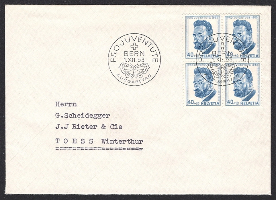Schweiz, Pro Juventute, Nr.148-152, im Viererblock, ET-Stempel, je auf Umschlag – Bild 6