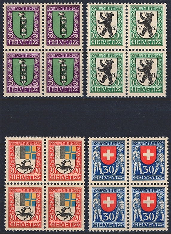 Schweiz, Pro Juventute, Nr.33-36, Wappen, komplette Serie, im Viererblock