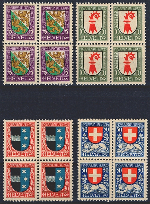 Schweiz, Pro Juventute, Nr.37-40, Wappen, komplette Serie, im Viererblock