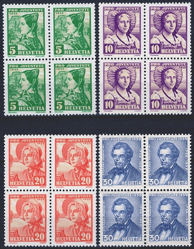 Schweiz, Pro Juventute, Nr.73-76, Trachten und S.Franscini, komplette Serie, im Viererblock