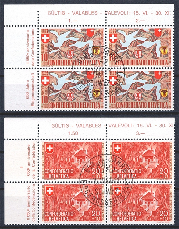Schweiz, Pro Patria, Nr.13-14, im Viererblock, ET-Sonderstempel SCHWYZ