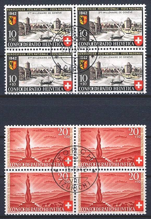 Schweiz, Pro Patria, Nr.15-16, im Viererblock, Orts-ET-Stempel ...