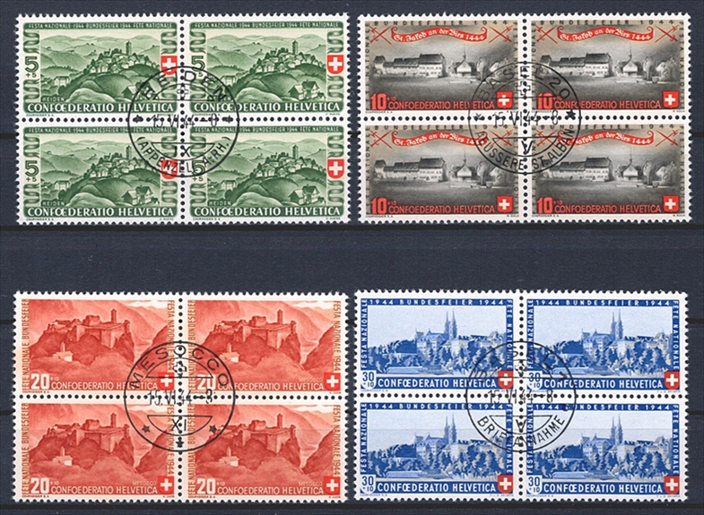Schweiz, Pro Patria, Nr.22-25, im Viererblock, Orts-ET-Stempel ...