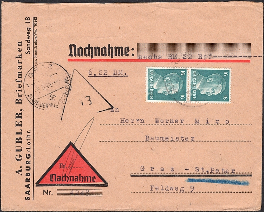 Deutschland, Deutsches Reich, Nr.790 im Paar, Freimarken, Nachnahme nach Graz, SAARBURG
