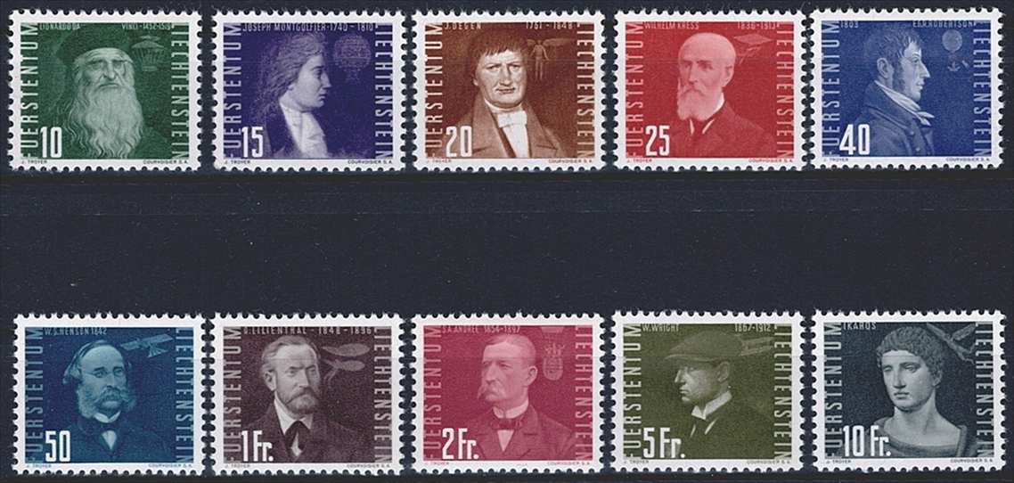 Liechtenstein, Flugpost, Nr.24-33, Flugpioniere, komplette Serie