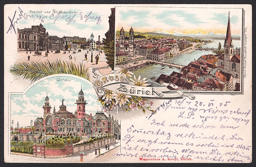Lithographien, Schweiz, Gruss aus ZÜRICH, 3 Bilder, Farblitho, 1905