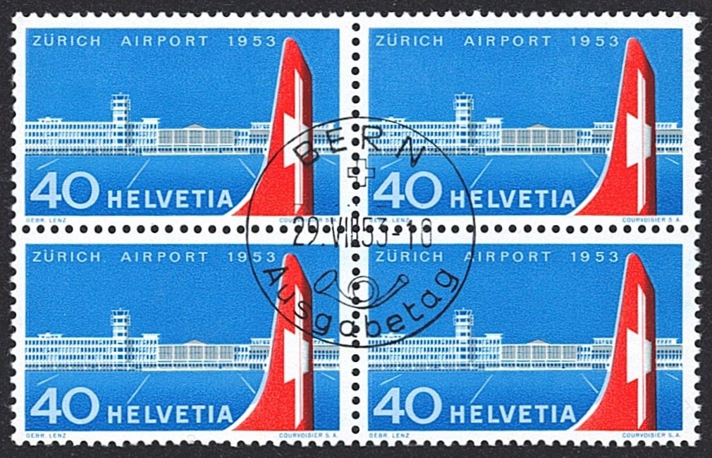 Schweiz, Freimarken, Flughafen Kloten, Nr. 313, im Viererblock, ET-Stempel BERN d
