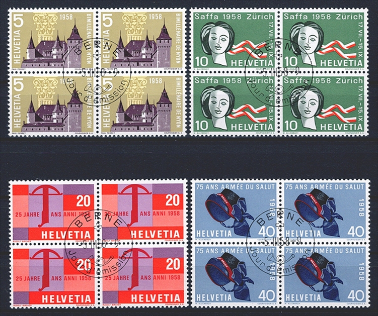 Schweiz, Freimarken, Sondermarken, Nr. 334-337, im Viererblock, ET-Stempel BERNE f