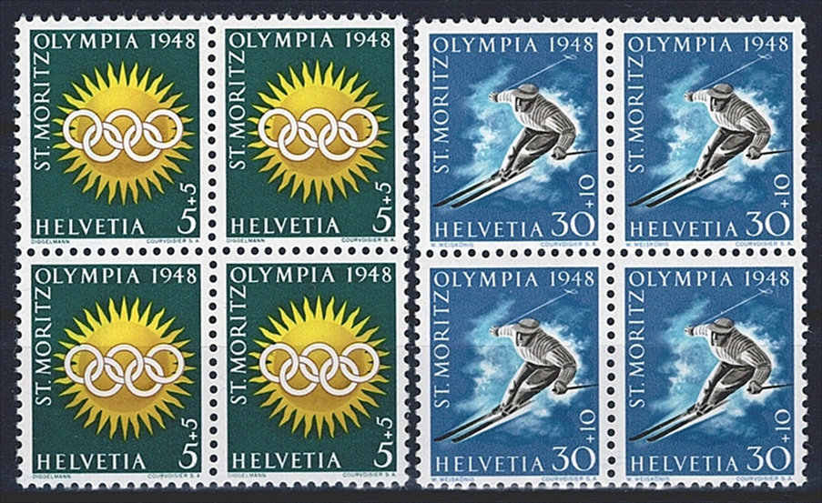 Schweiz, Zuschlagsausgaben, Nr.25x/28x, Olympiade St.Moritz 1948, gelbe Fasern, im Viererblock