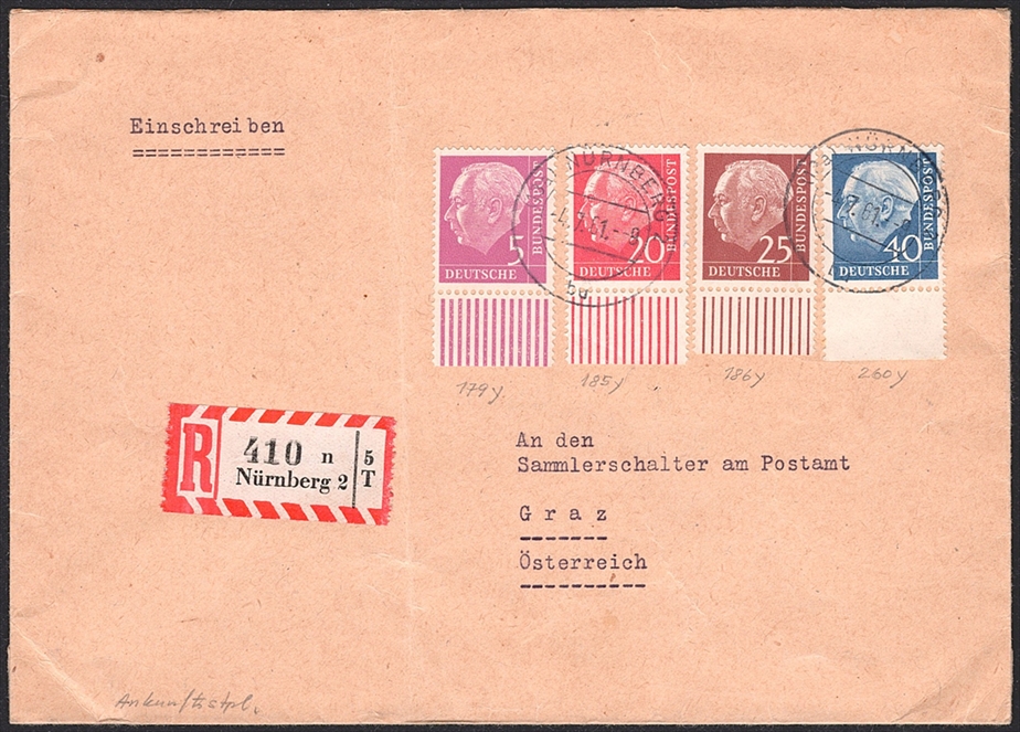 Deutschland, BRD, Freimarken, 179y/185y/186y/260y, alle mit Unterrand, R-Brief, NÜRNBERG