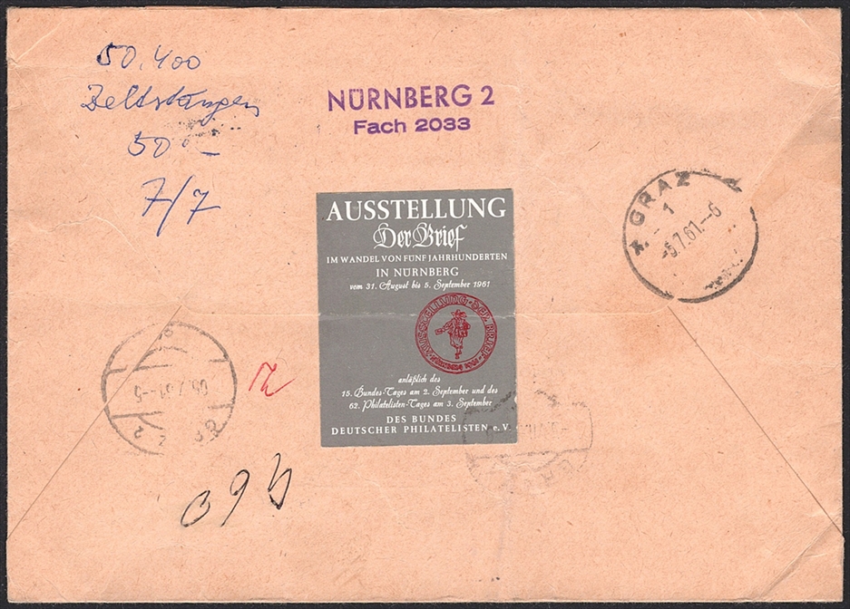 Deutschland, BRD, Freimarken, 179y/185y/186y/260y, alle mit Unterrand, R-Brief, NÜRNBERG – Bild 2