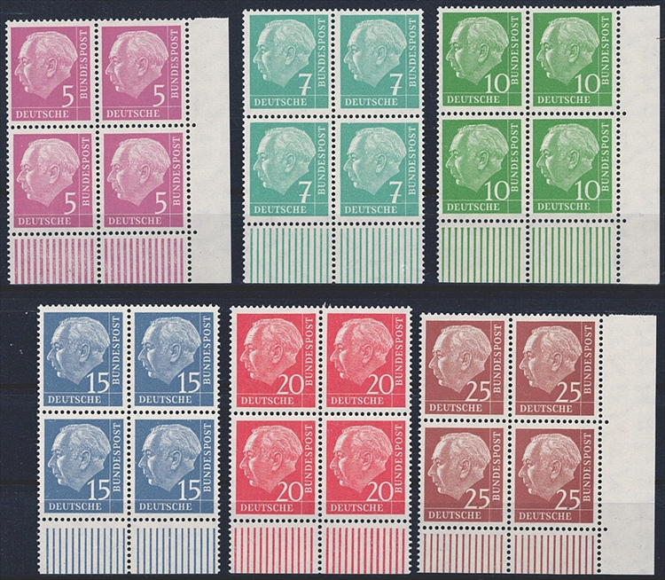 Deutschland, BRD, Freimarken, 179y-186y, Fluorpapier, komplette Serie, (6 Werte), im Viererblock