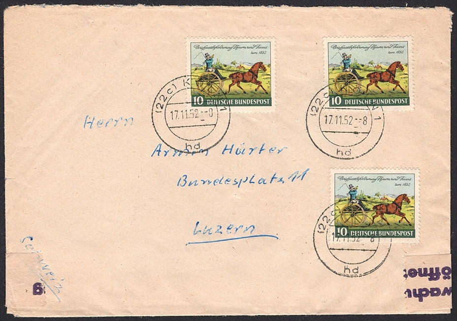 Deutschland, BRD, Nr.160, Thurn und Taxis, 3-fach auf devisenamtlich geöffnetem Brief nach Luzern, KÖLN