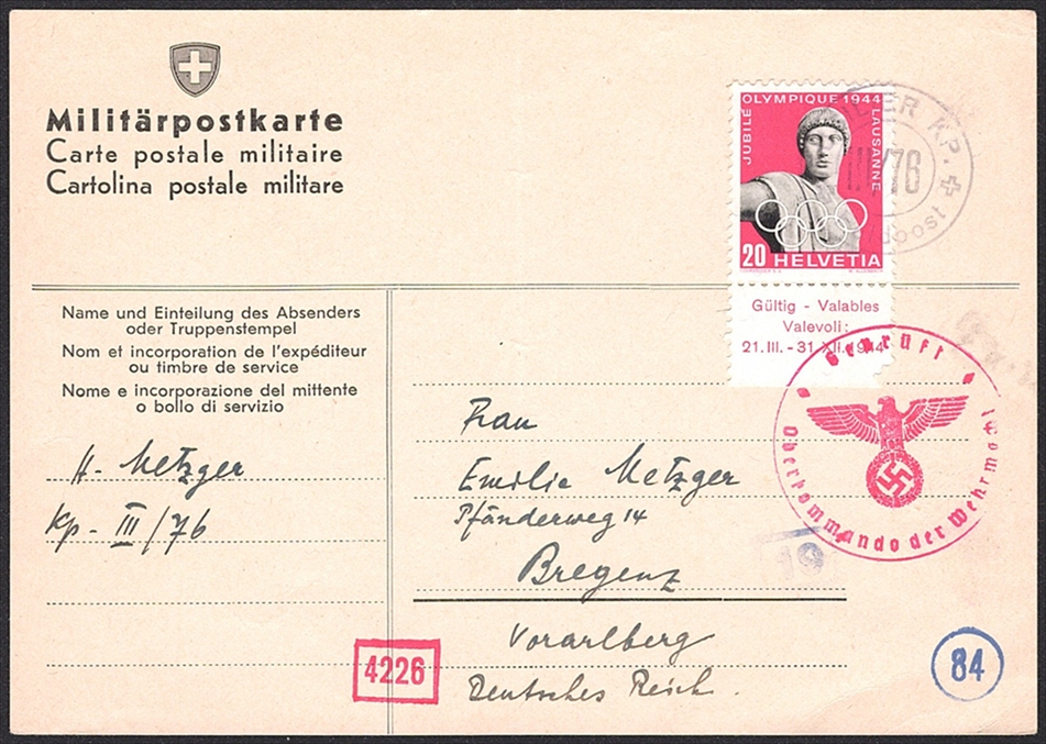 Schweiz, Freimarken, Nr.260w auf zensurierter Militärpostkarte nach Bregenz, gestempelt FÜSILIER KP. III/78