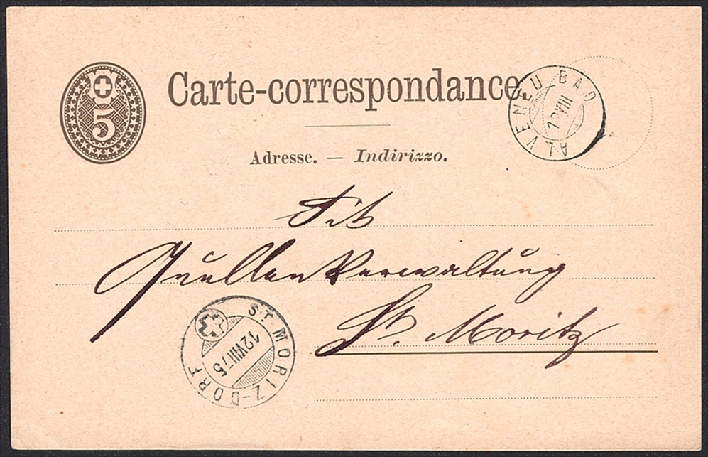 Schweiz, Ganzsachen, Postkarten, PK 009, Zwergstempel ALVENEU BAD, Karte nach St.Moritz