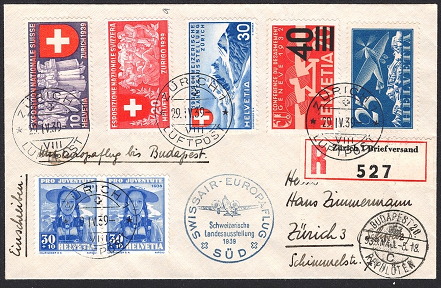Schweiz, Sonderflüge, Swissair-Europaflug Süd, bis Budapest, 39.1h, eingeschriebener Brief