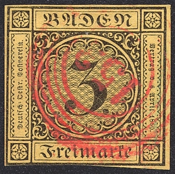 Deutschland, Altdeutschland, Baden, Nr.2, 3Kr., roter Fünfringstempel 152