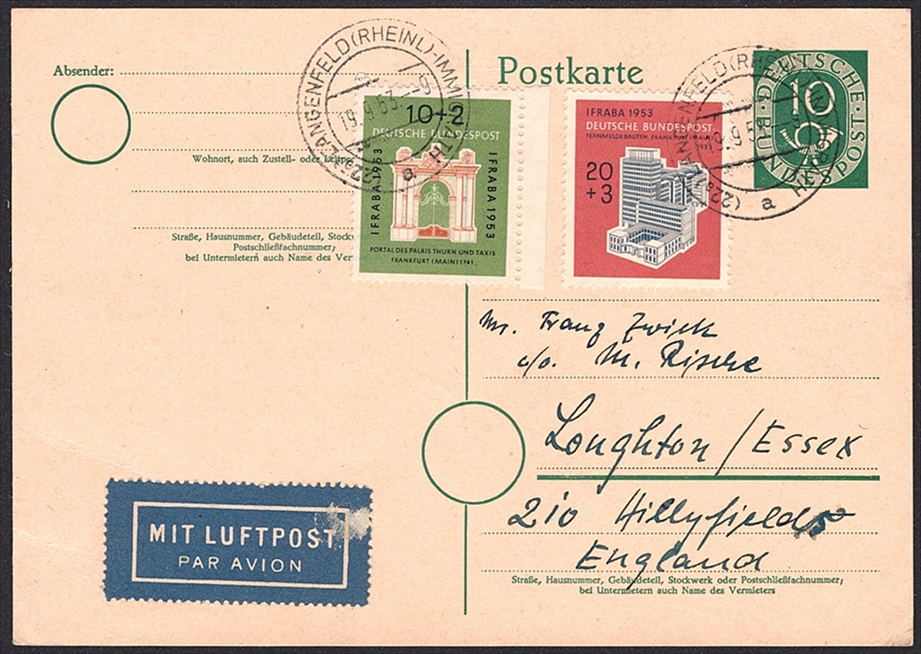Deutschland, BRD, Freimarken, Nr.171-172 auf 10Pfg.Postkarte mit Luftpost nach Essex, LANGENFELD