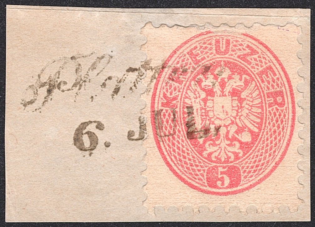 Österreich Kaisertum 1863/64 - 5 Kreuzer ANK Nr. 32 mit Adlerprägung und Einkerbung oben - gestempelt "PLATTEN"