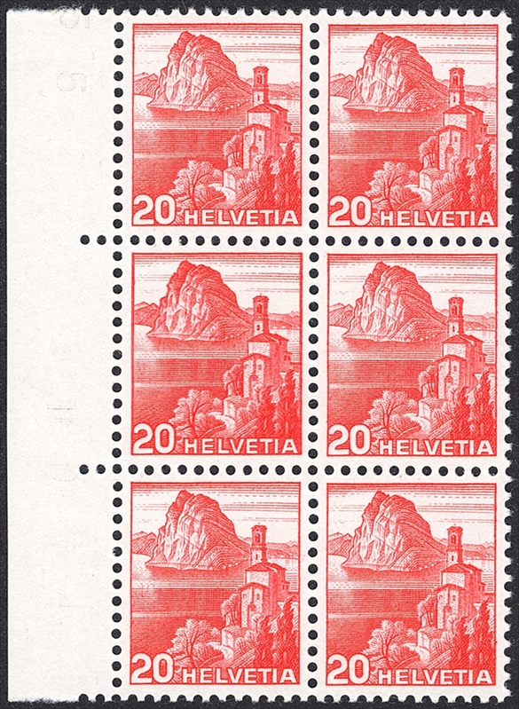Schweiz, Abarten, Freimarken, Nr.215y Doppelprägung, im Sechserblock