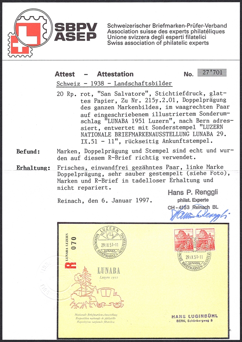 Schweiz, Abarten, Freimarken, Nr.215y Doppelprägung, im waagrechten Paar auf R-Brief, Sonderstempel, Attest Renggli 1997 – Bild 3
