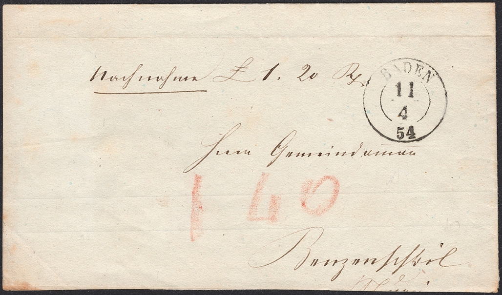 Schweiz, Abstempelungen, Kanton Aargau, BADEN, Wi.2061b, amtliche Nachnahme nach Benzenschwil