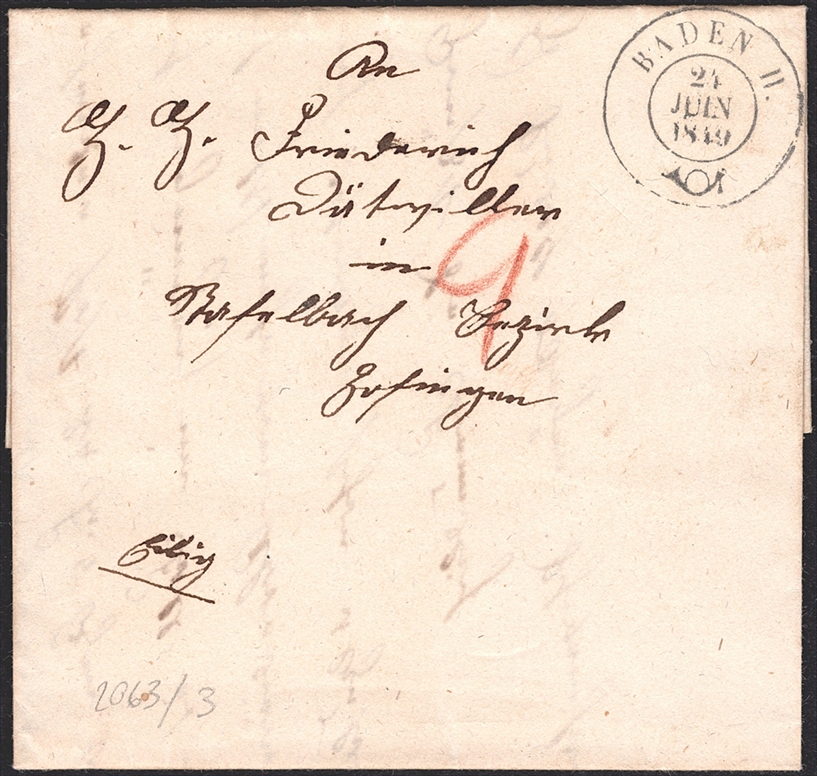 Schweiz, Abstempelungen, Kanton Aargau, BADEN, Wi.2063, taxierter Faltbrief nach Zofingen