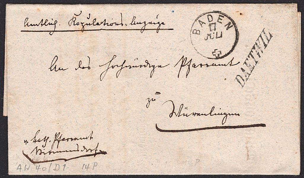 Schweiz, Abstempelungen, Kanton Aargau, DAETWIL/BADEN, Balkenstempel Gr.40/Fingerhut Gr.104, amtlicher Faltbrief nach Würenlingen