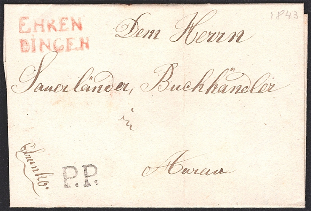 Schweiz, Abstempelungen, Kanton Aargau, EHRENDINGEN rot, Wi.2121, P.P., Wi.2067, Faltbrief nach Aarau
