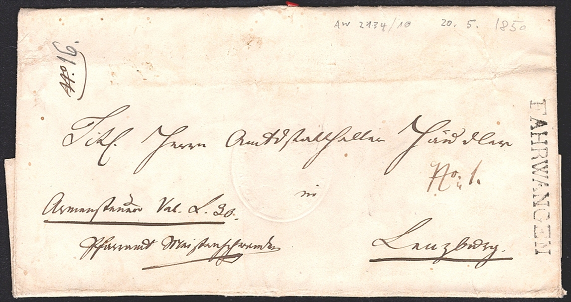 Schweiz, Abstempelungen, Kanton Aargau, FAHRWANGEN, Wi.214, Wertbrief nach Lenzburg