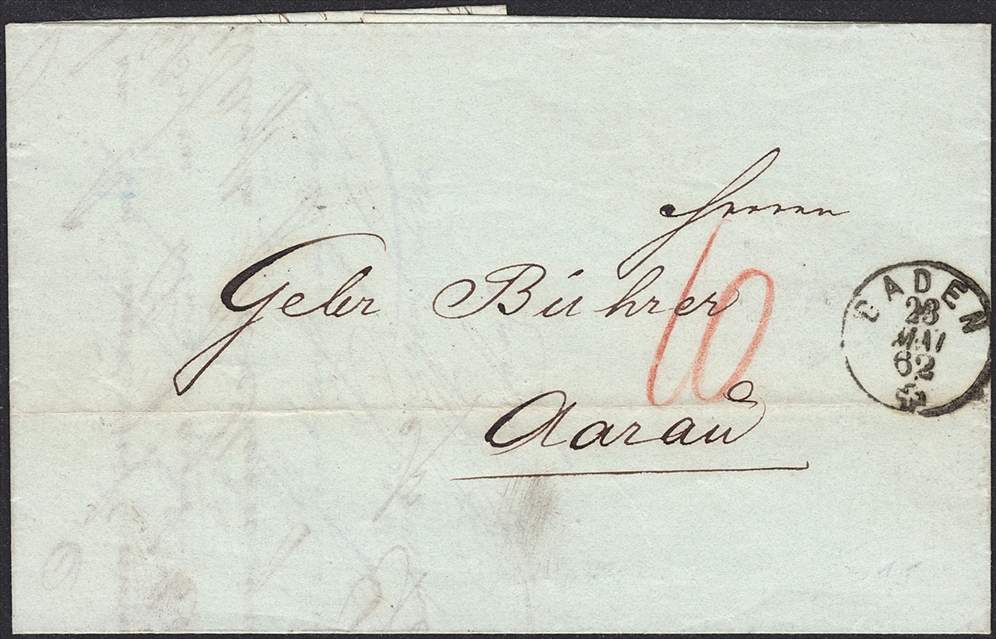 Schweiz, Abstempelungen, Kanton Aargau, Fingerhutstempel Gr.104, BADEN, taxierter Faltbrief nach Aarau