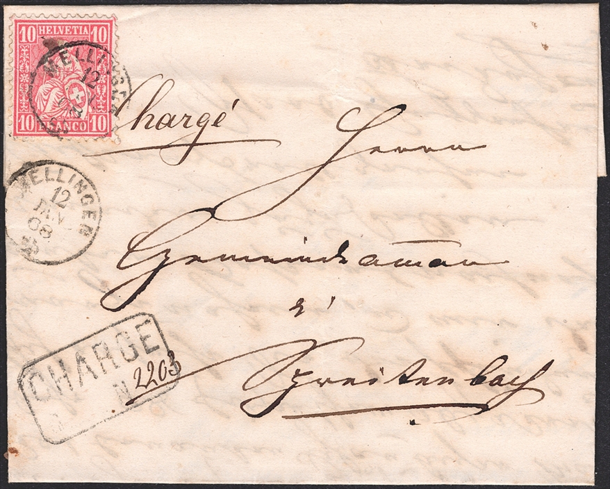 Schweiz, Abstempelungen, Kanton Aargau, Fingerhutstempel Gr.104, MELLINGEN/CHARGE, Nr.38 auf Faltbrief nach Spreitenbach
